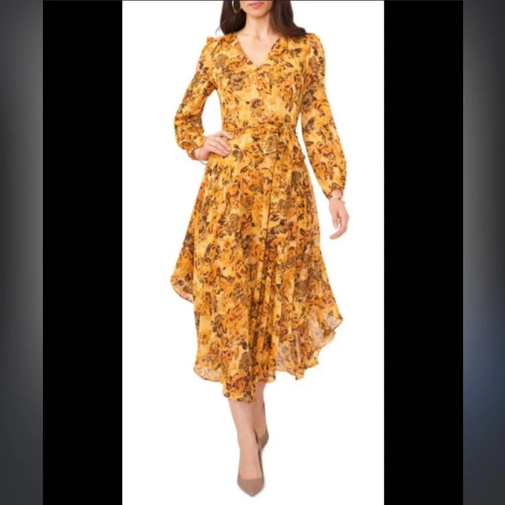 Vince Camuto Floral Metallic Long Sleeve Handkerchief Dress in Narcissus S - Picture 1 of 5